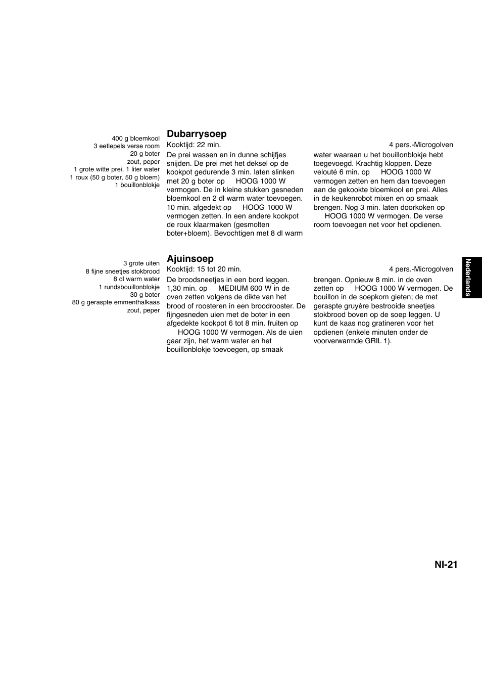 Ni-21, Dubarrysoep, Ajuinsoep | Panasonic NNA734MBEPG User Manual | Page 112 / 276