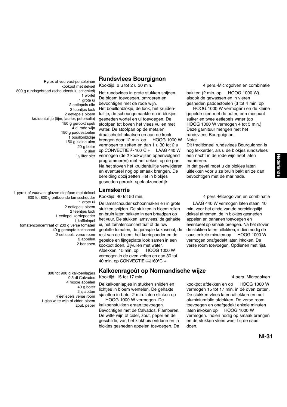 Ni-31, Rundsvlees bourgignon, Lamskerrie | Kalkoenragoût op normandische wijze | Panasonic NNA734MBEPG User Manual | Page 122 / 276