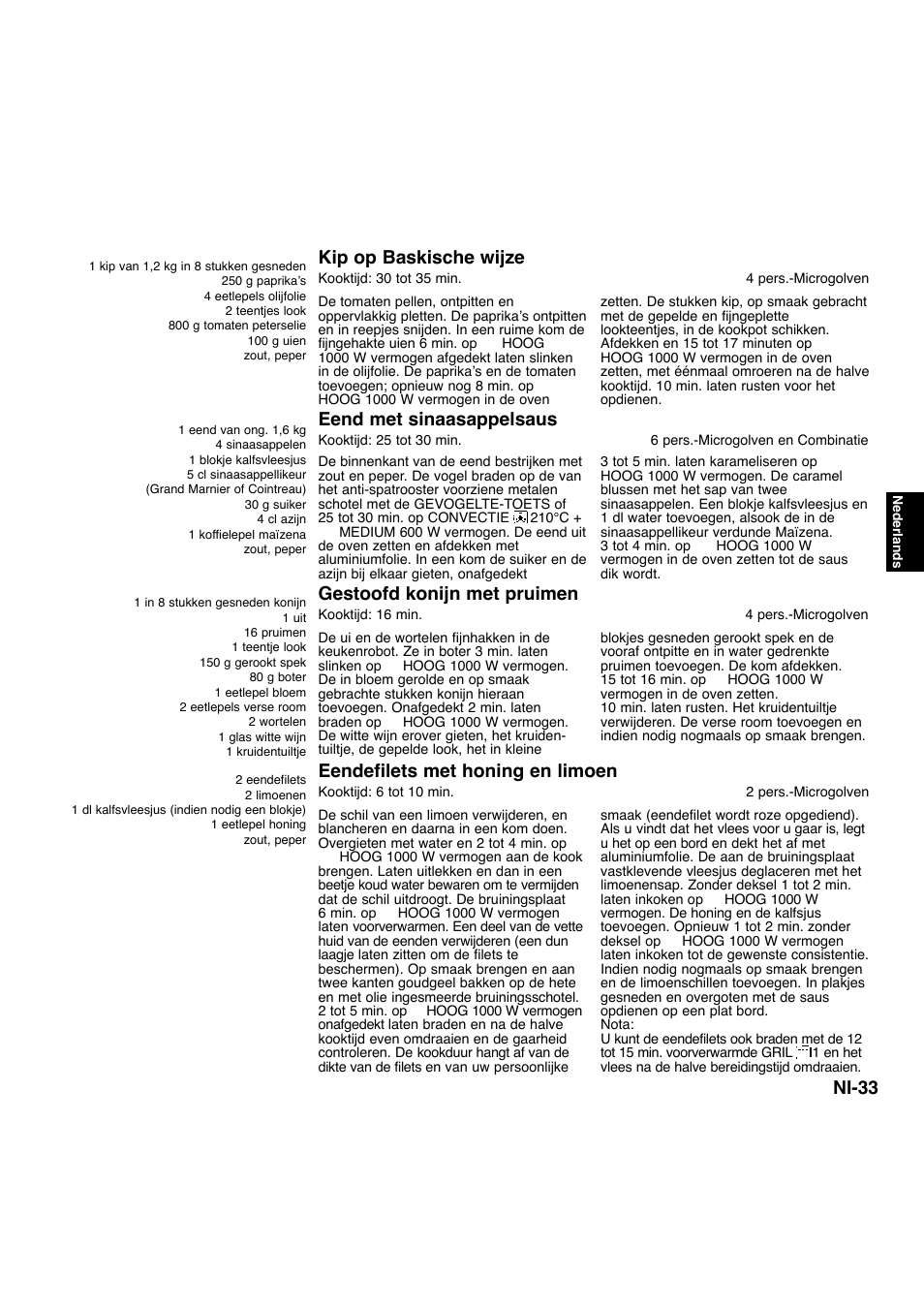 Ni-33, Kip op baskische wijze, Eendefilets met honing en limoen | Gestoofd konijn met pruimen, Eend met sinaasappelsaus | Panasonic NNA734MBEPG User Manual | Page 124 / 276