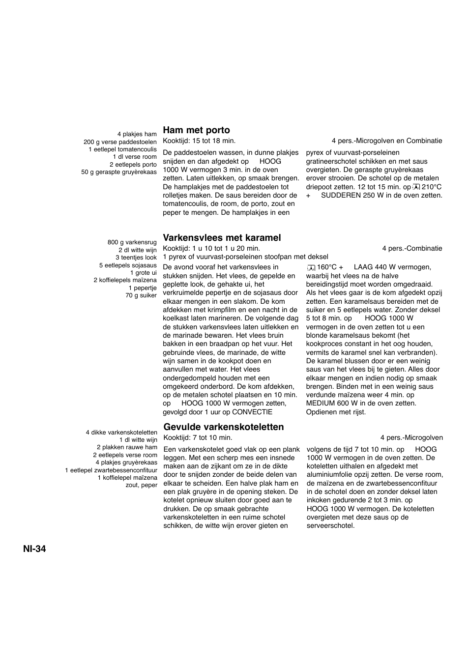 Ni-34, Ham met porto, Gevulde varkenskoteletten | Varkensvlees met karamel | Panasonic NNA734MBEPG User Manual | Page 125 / 276