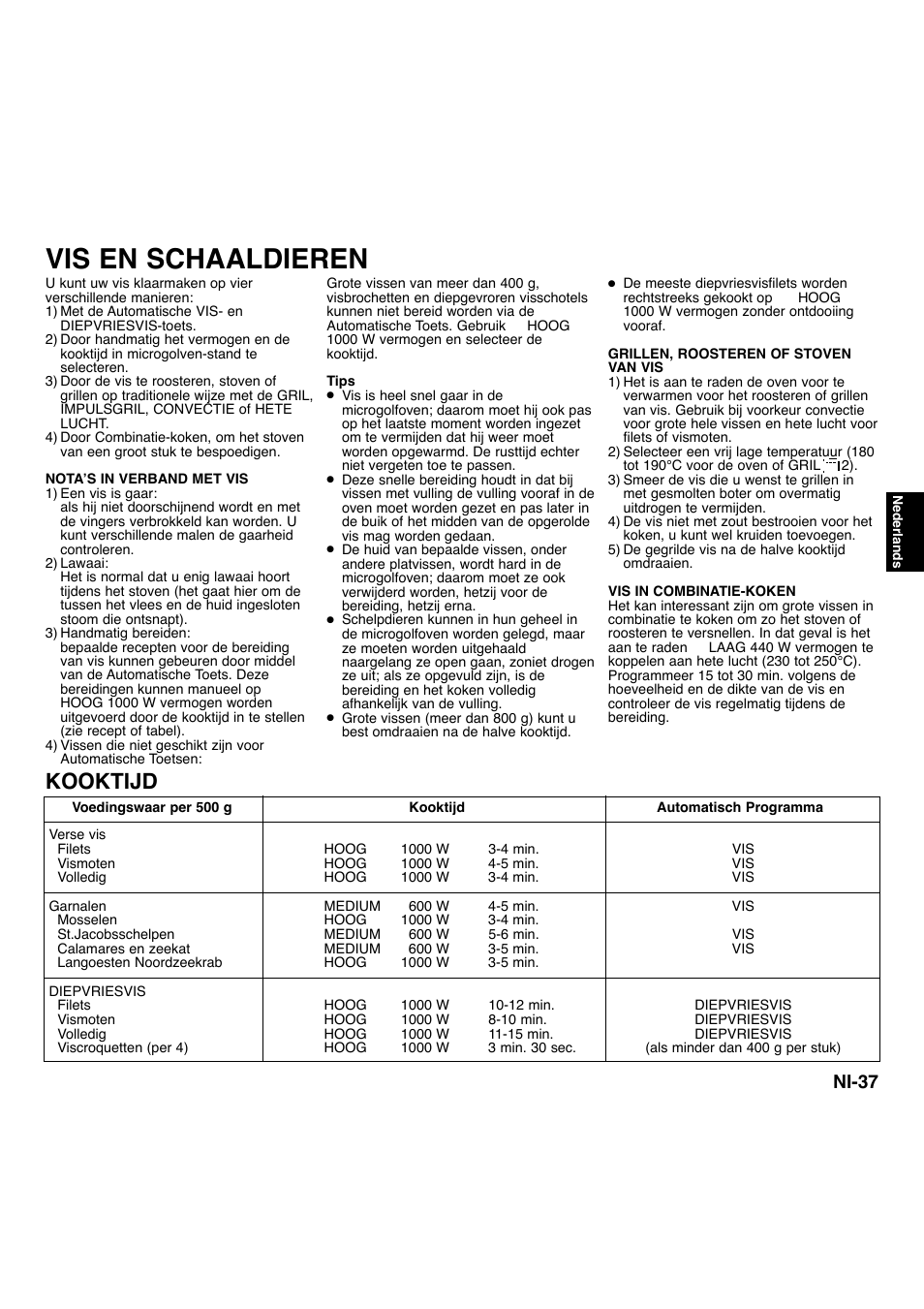 Vis en schaaldieren, Kooktijd, Ni-37 | Panasonic NNA734MBEPG User Manual | Page 128 / 276