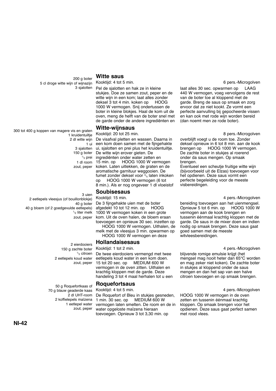 Ni-42, Witte saus, Hollandaisesaus | Roquefortsaus, Witte-wijnsaus, Soubisesaus | Panasonic NNA734MBEPG User Manual | Page 133 / 276