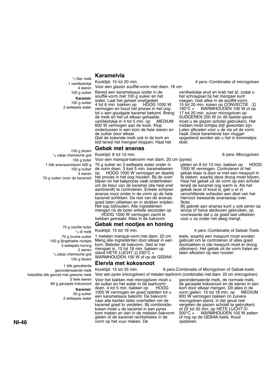 Ni-46, Karamelvla, Gebak met nootjes en honing | Eiervla met kokosnoot, Gebak met ananas | Panasonic NNA734MBEPG User Manual | Page 137 / 276