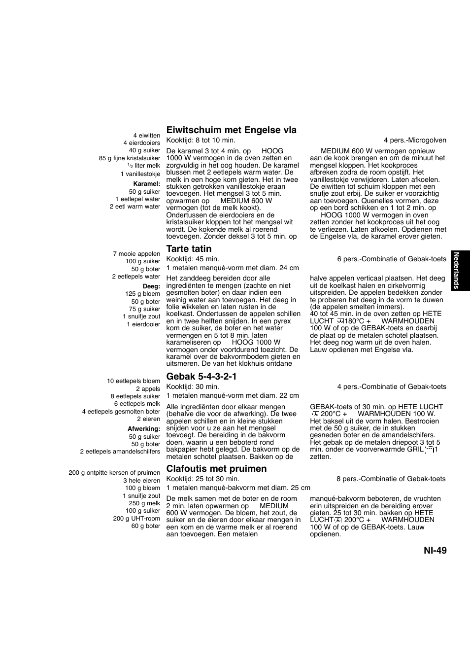 Ni-49, Eiwitschuim met engelse vla, Tarte tatin | Clafoutis met pruimen | Panasonic NNA734MBEPG User Manual | Page 140 / 276