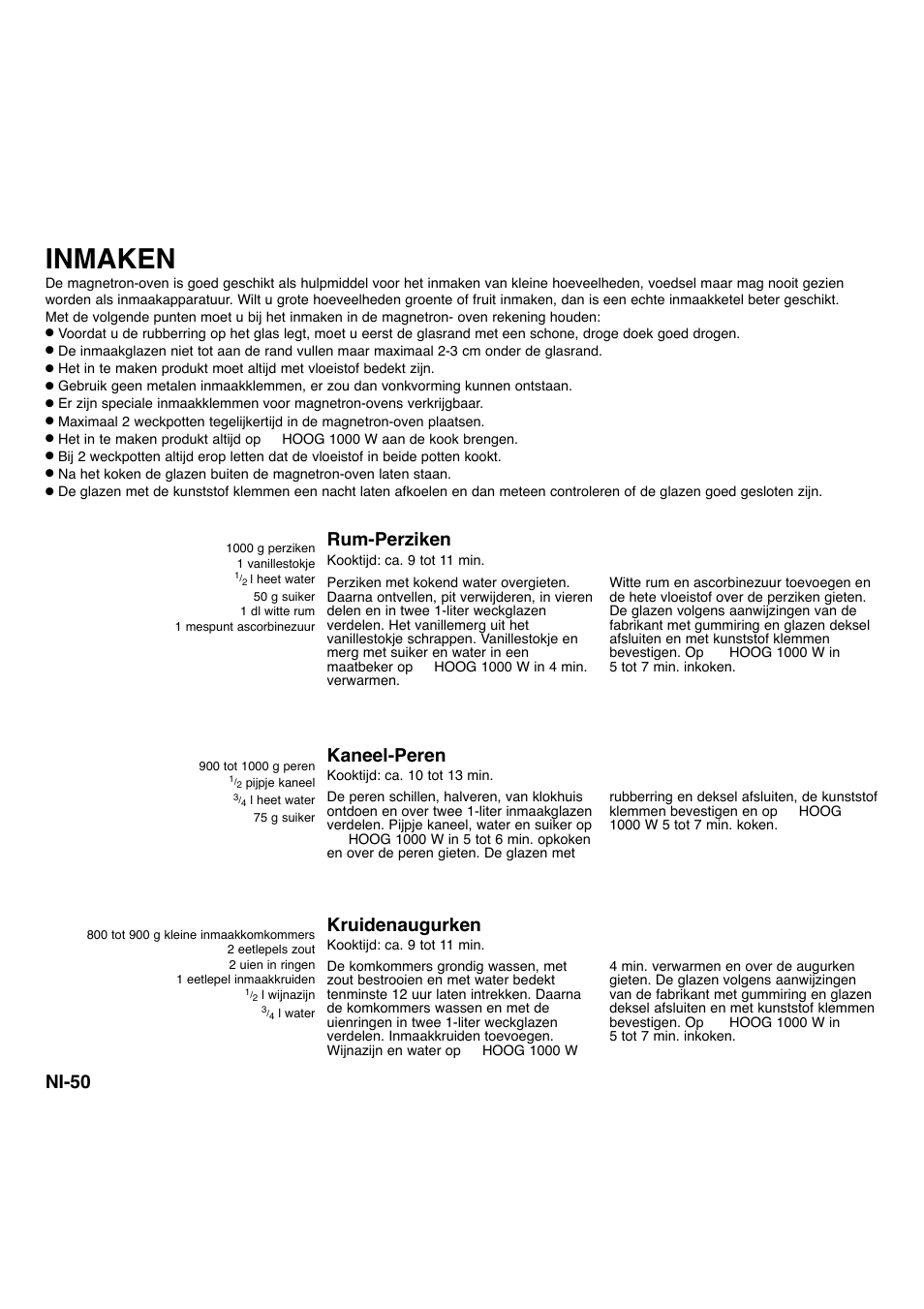 Inmaken, Ni-50, Rum-perziken | Kaneel-peren, Kruidenaugurken | Panasonic NNA734MBEPG User Manual | Page 141 / 276