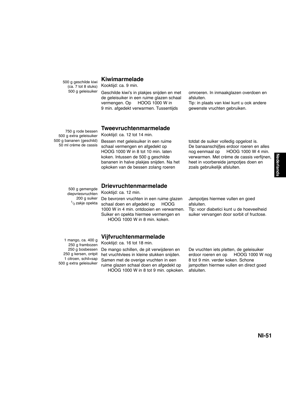 Ni-51, Kiwimarmelade, Tweevruchtenmarmelade | Drievruchtenmarmelade, Vijfvruchtenmarmelade | Panasonic NNA734MBEPG User Manual | Page 142 / 276