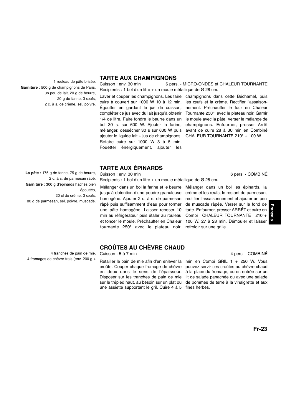 Fr-23, Tarte aux champignons, Tarte aux épinards | Croûtes au chèvre chaud | Panasonic NNA734MBEPG User Manual | Page 166 / 276