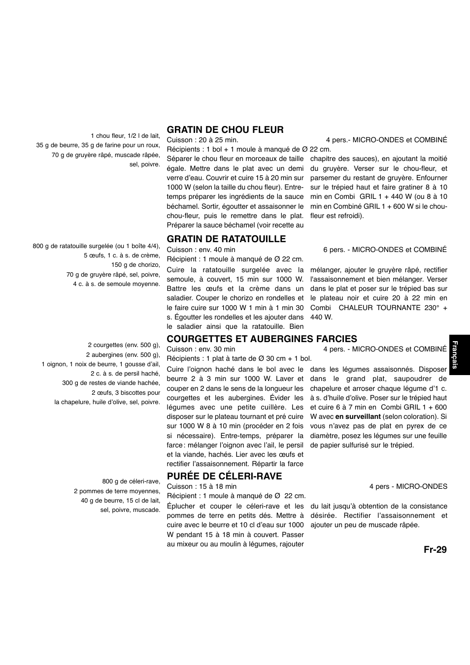 Fr-29, Gratin de chou fleur, Gratin de ratatouille | Courgettes et aubergines farcies, Purée de céleri-rave | Panasonic NNA734MBEPG User Manual | Page 172 / 276