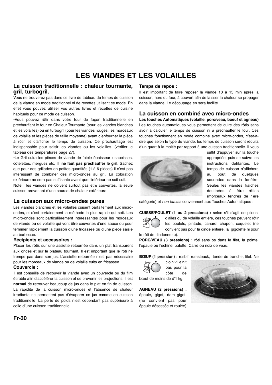 Les viandes et les volailles, Fr-30, La cuisson aux micro-ondes pures | La cuisson en combiné avec micro-ondes | Panasonic NNA734MBEPG User Manual | Page 173 / 276