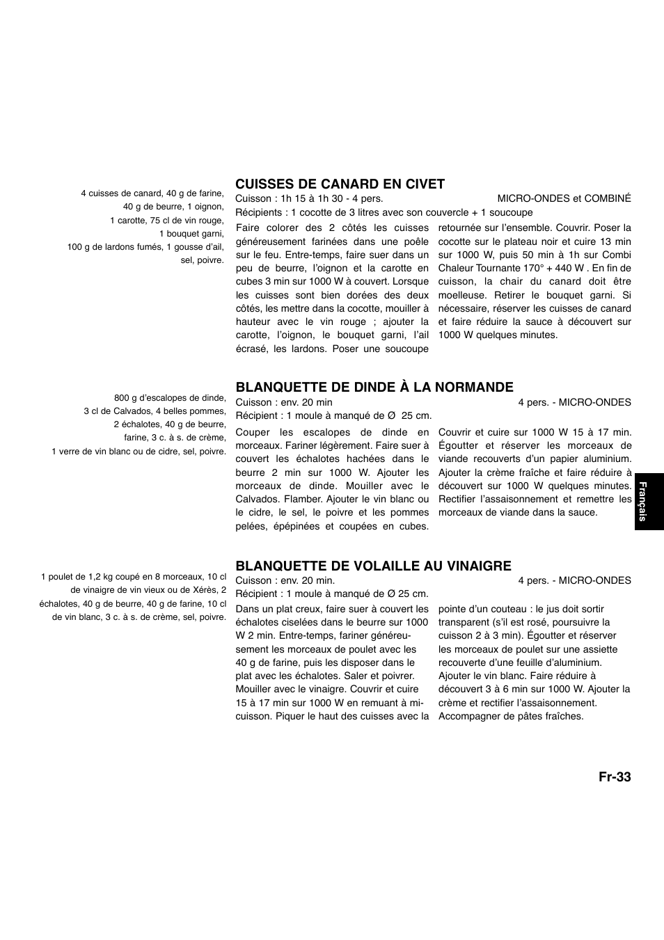 Fr-33, Cuisses de canard en civet, Blanquette de dinde à la normande | Blanquette de volaille au vinaigre | Panasonic NNA734MBEPG User Manual | Page 176 / 276