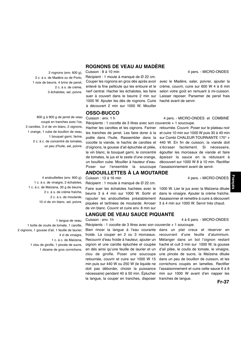 Fr-37, Osso-bucco, Andouillettes à la moutarde | Langue de veau sauce piquante, Rognons de veau au madère | Panasonic NNA734MBEPG User Manual | Page 180 / 276