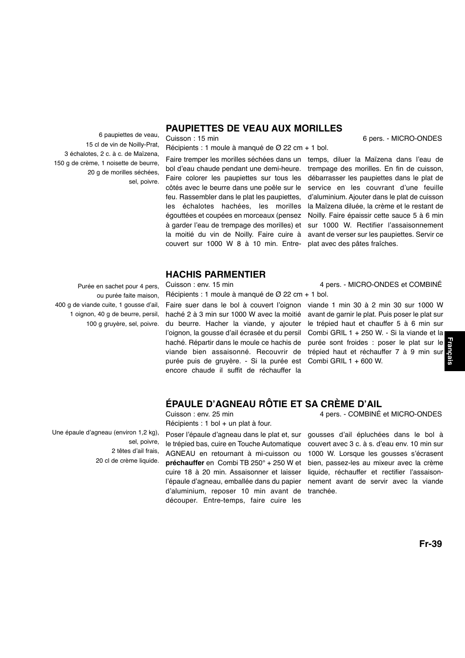 Fr-39, Hachis parmentier, Épaule d’agneau rôtie et sa crème d’ail | Paupiettes de veau aux morilles | Panasonic NNA734MBEPG User Manual | Page 182 / 276
