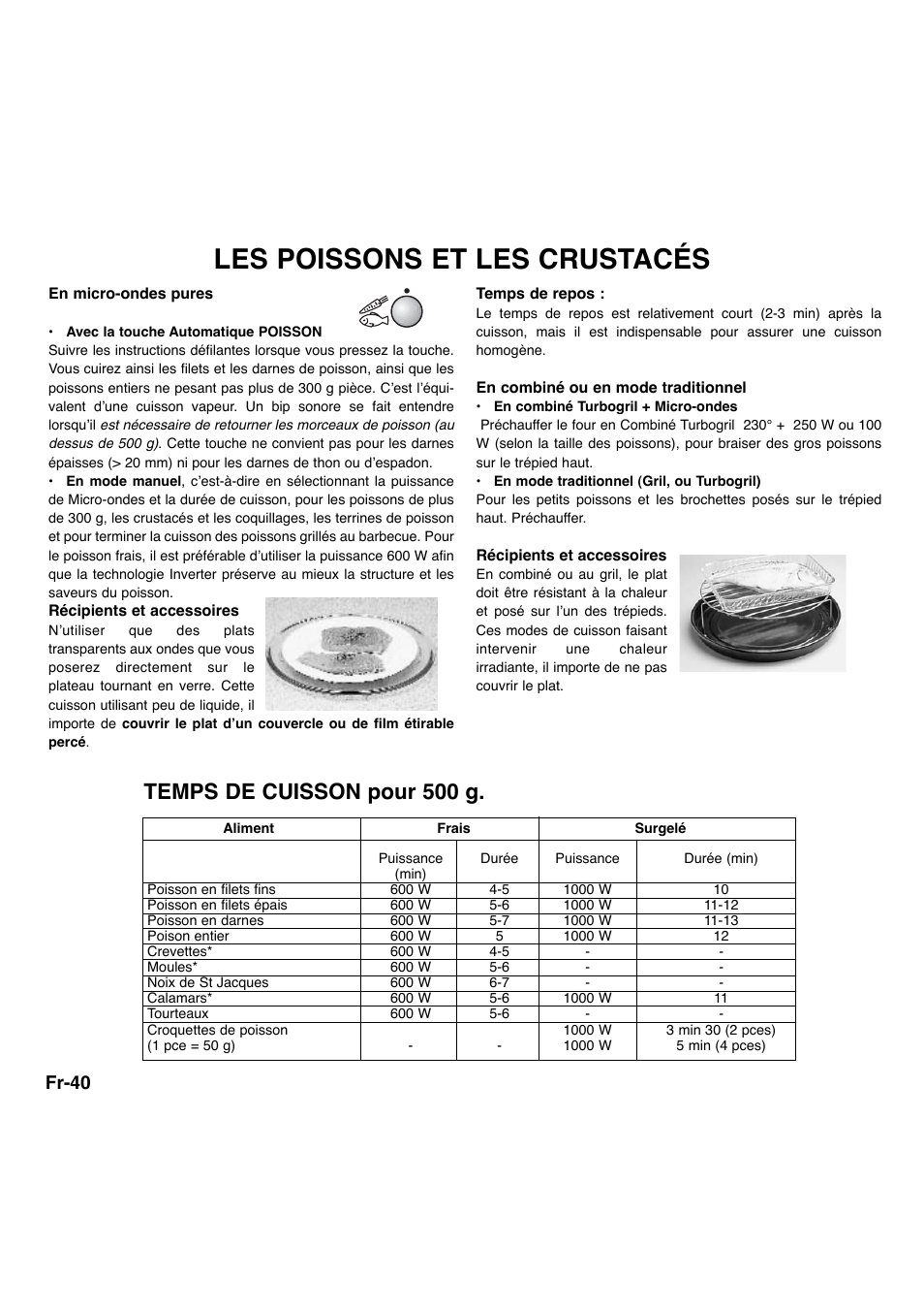 Les poissons et les crustacés, Temps de cuisson pour 500 g, Fr-40 | Panasonic NNA734MBEPG User Manual | Page 183 / 276