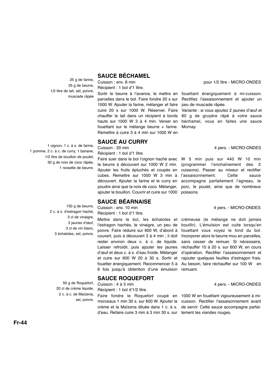 Fr-44 sauce béchamel, Sauce au curry, Sauce béarnaise | Sauce roquefort | Panasonic NNA734MBEPG User Manual | Page 187 / 276