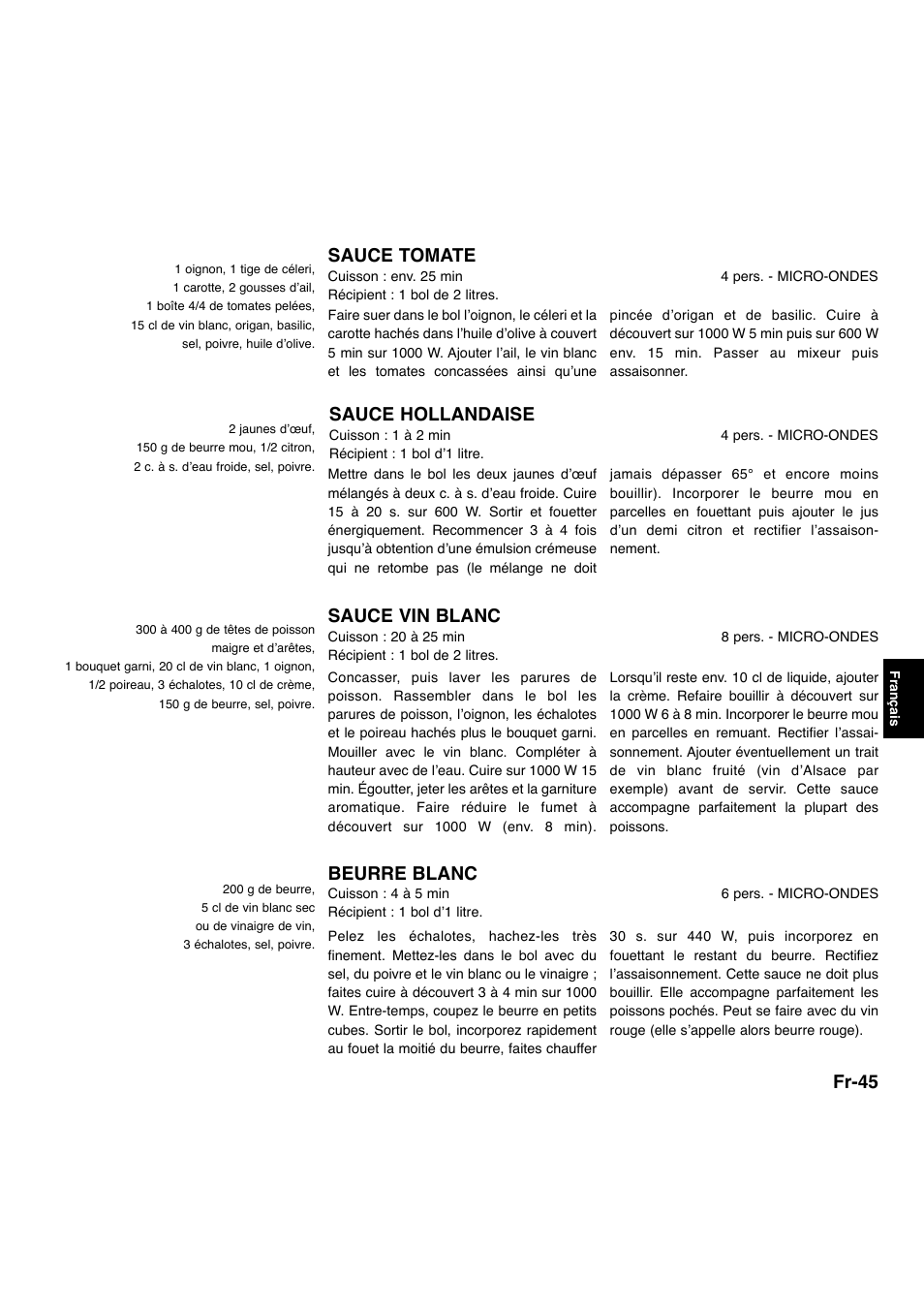 Fr-45, Sauce tomate, Sauce hollandaise | Sauce vin blanc, Beurre blanc | Panasonic NNA734MBEPG User Manual | Page 188 / 276