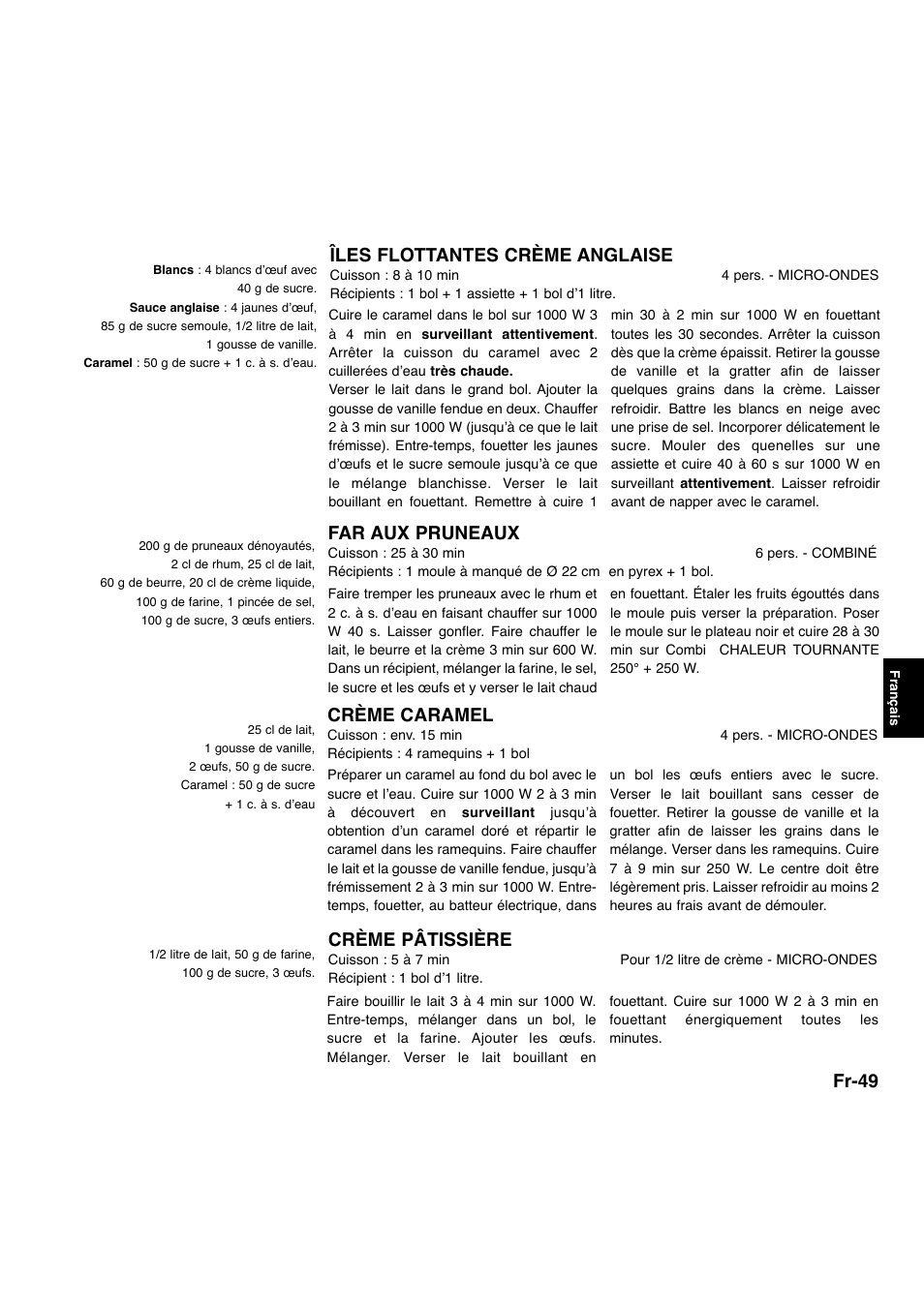 Fr-49, Îles flottantes crème anglaise, Far aux pruneaux | Crème caramel, Crème pâtissière | Panasonic NNA734MBEPG User Manual | Page 192 / 276