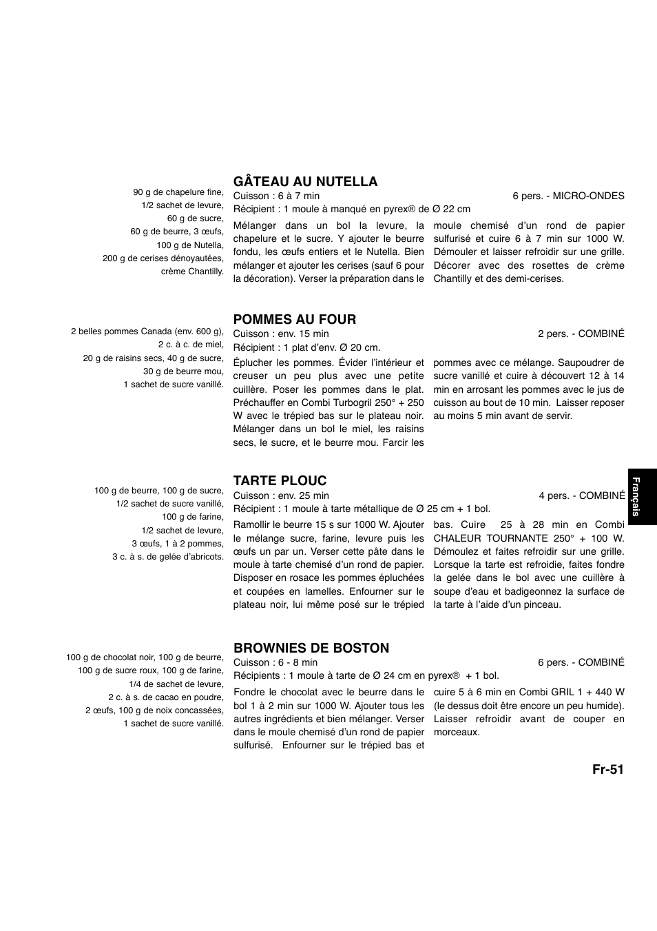 Fr-51, Pommes au four, Tarte plouc | Brownies de boston, Gâteau au nutella | Panasonic NNA734MBEPG User Manual | Page 194 / 276