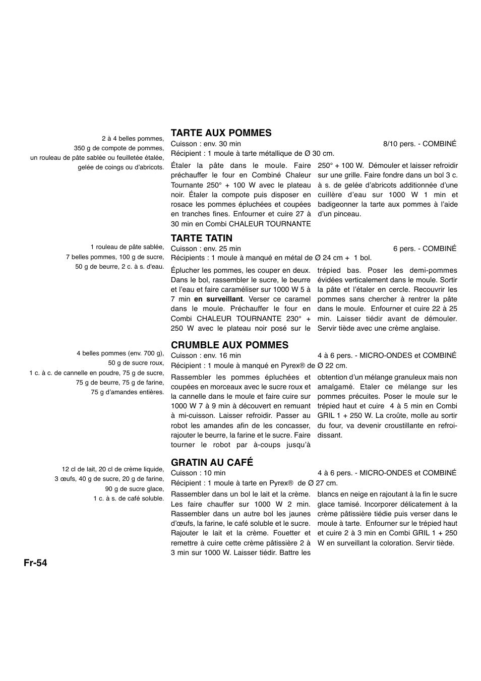 Fr-54 tarte aux pommes, Tarte tatin, Crumble aux pommes | Gratin au café | Panasonic NNA734MBEPG User Manual | Page 197 / 276