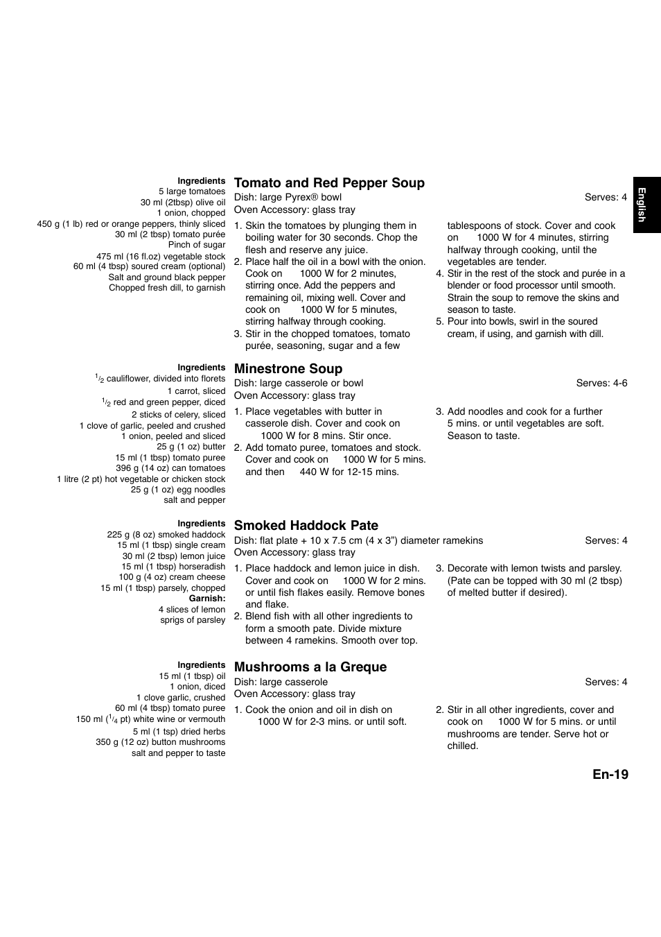 En-19, Tomato and red pepper soup, Smoked haddock pate | Mushrooms a la greque, Minestrone soup | Panasonic NNA734MBEPG User Manual | Page 20 / 276