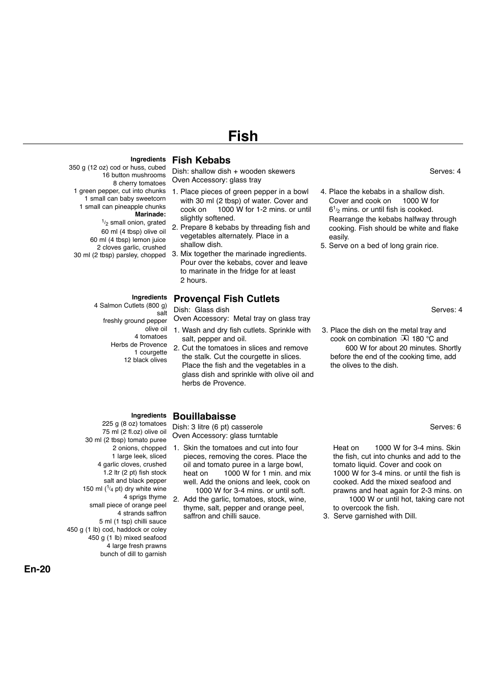 Fish, En-20, Fish kebabs | Provençal fish cutlets, Bouillabaisse | Panasonic NNA734MBEPG User Manual | Page 21 / 276