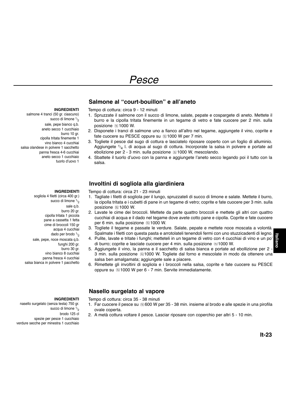 Pesce, It-23, Salmone al “court-bouillon” e all’aneto | Involtini di sogliola alla giardiniera, Nasello surgelato al vapore | Panasonic NNA734MBEPG User Manual | Page 221 / 276