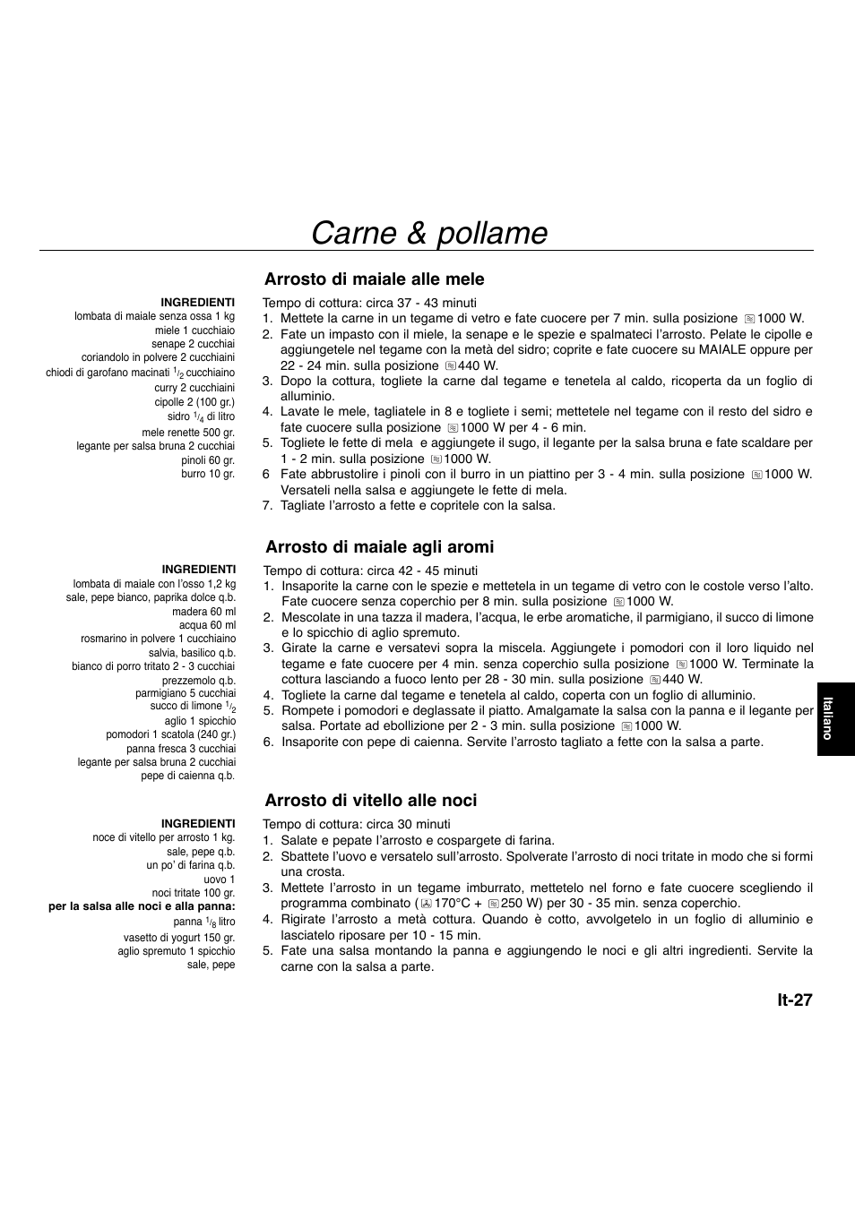 Carne & pollame, It-27, Arrosto di maiale alle mele | Arrosto di maiale agli aromi, Arrosto di vitello alle noci | Panasonic NNA734MBEPG User Manual | Page 225 / 276