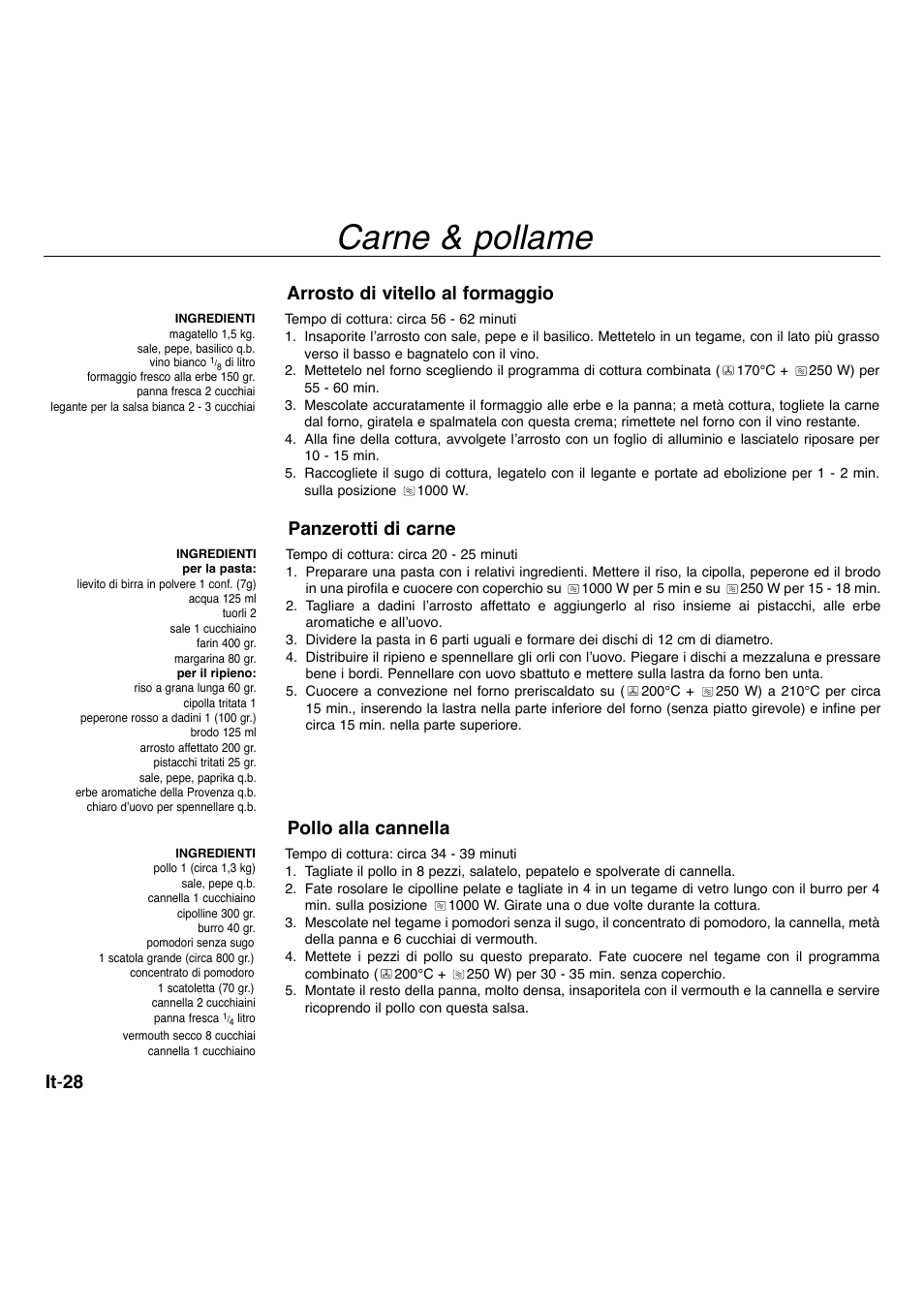 Carne & pollame, It - 28, Arrosto di vitello al formaggio | Panzerotti di carne, Pollo alla cannella | Panasonic NNA734MBEPG User Manual | Page 226 / 276