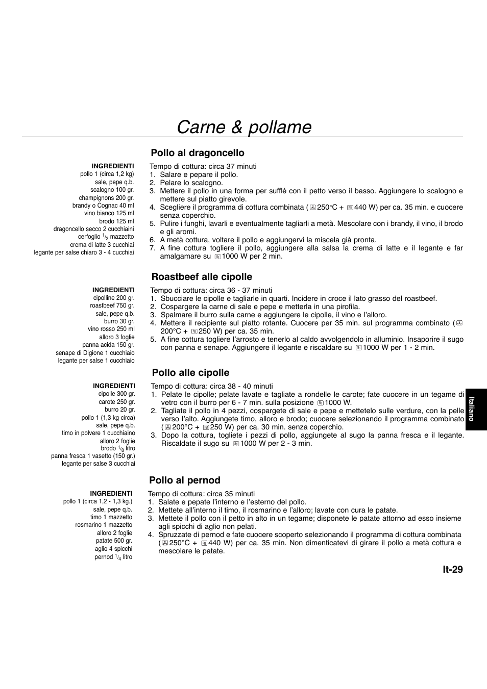 Carne & pollame, It-29, Pollo al dragoncello | Roastbeef alle cipolle, Pollo alle cipolle, Pollo al pernod | Panasonic NNA734MBEPG User Manual | Page 227 / 276