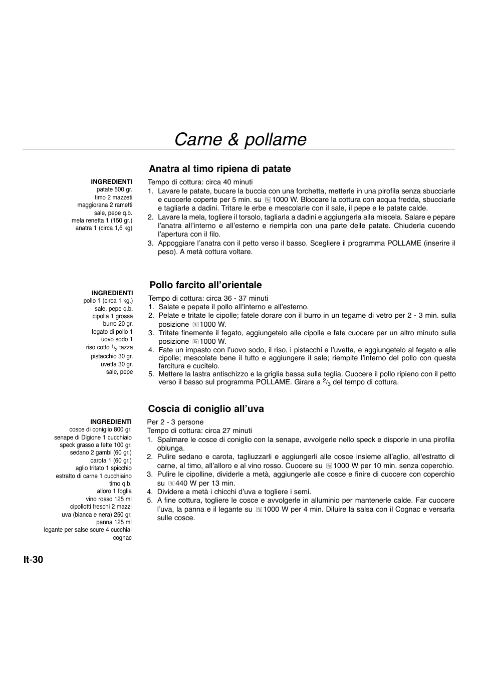Carne & pollame, It - 30, Anatra al timo ripiena di patate | Pollo farcito all’orientale, Coscia di coniglio all’uva | Panasonic NNA734MBEPG User Manual | Page 228 / 276
