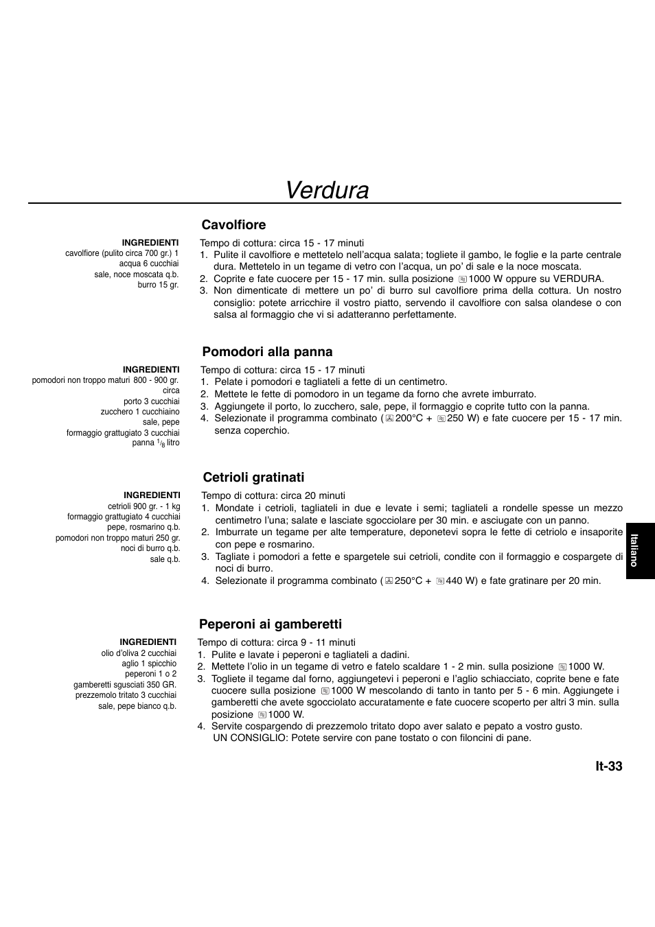 Verdura, It-33, Cavolfiore | Pomodori alla panna, Cetrioli gratinati, Peperoni ai gamberetti | Panasonic NNA734MBEPG User Manual | Page 231 / 276