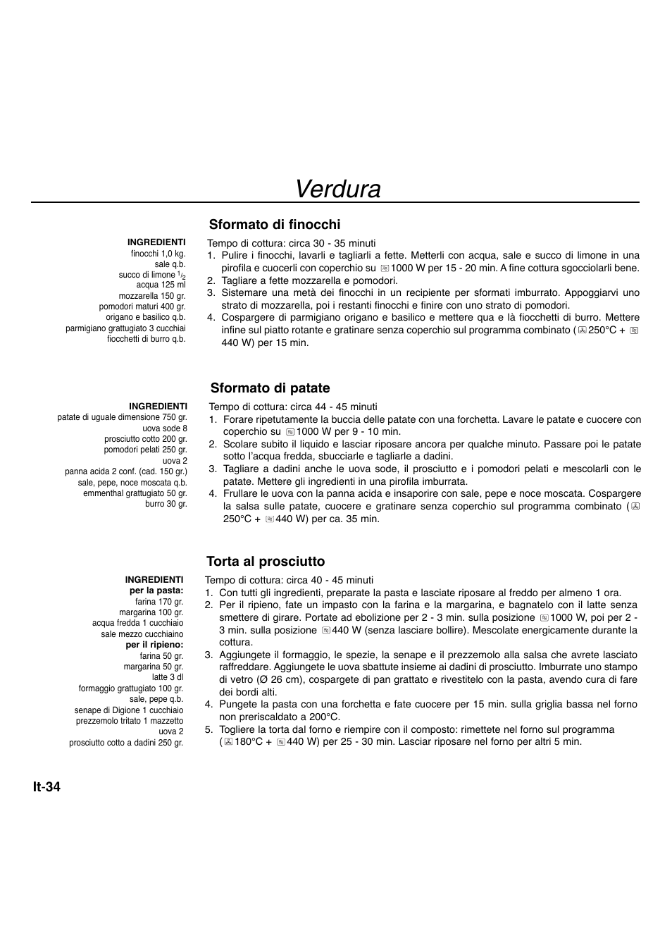Verdura, It - 34, Sformato di finocchi | Sformato di patate, Torta al prosciutto | Panasonic NNA734MBEPG User Manual | Page 232 / 276