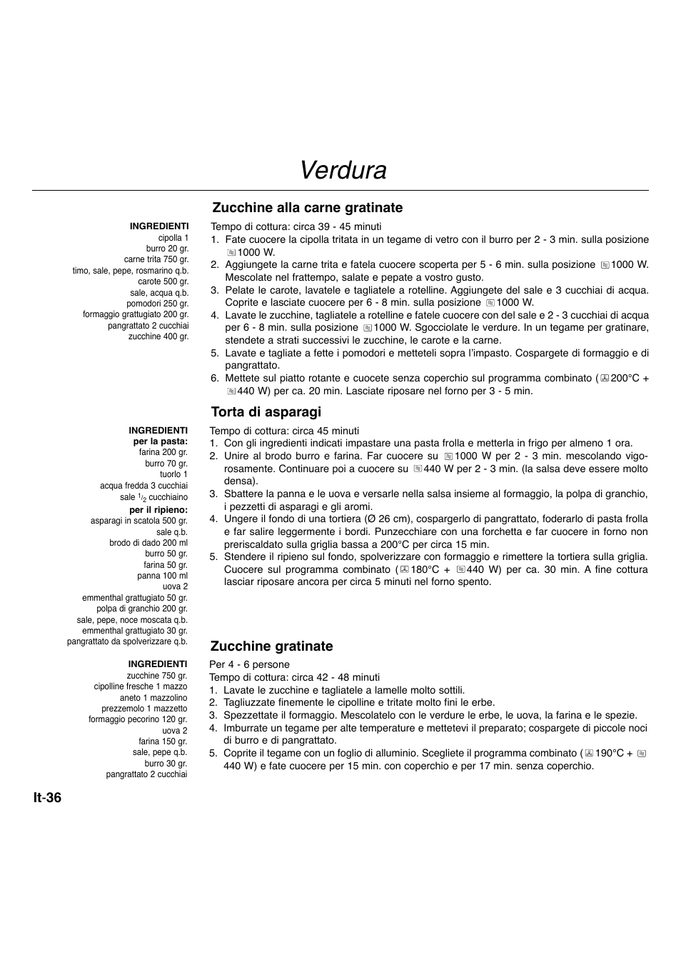 Verdura, It - 36, Zucchine alla carne gratinate | Torta di asparagi, Zucchine gratinate | Panasonic NNA734MBEPG User Manual | Page 234 / 276