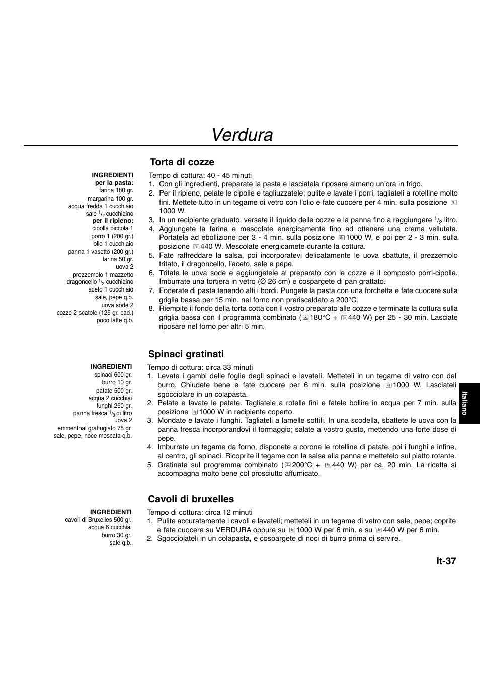Verdura, It-37, Torta di cozze | Spinaci gratinati, Cavoli di bruxelles | Panasonic NNA734MBEPG User Manual | Page 235 / 276