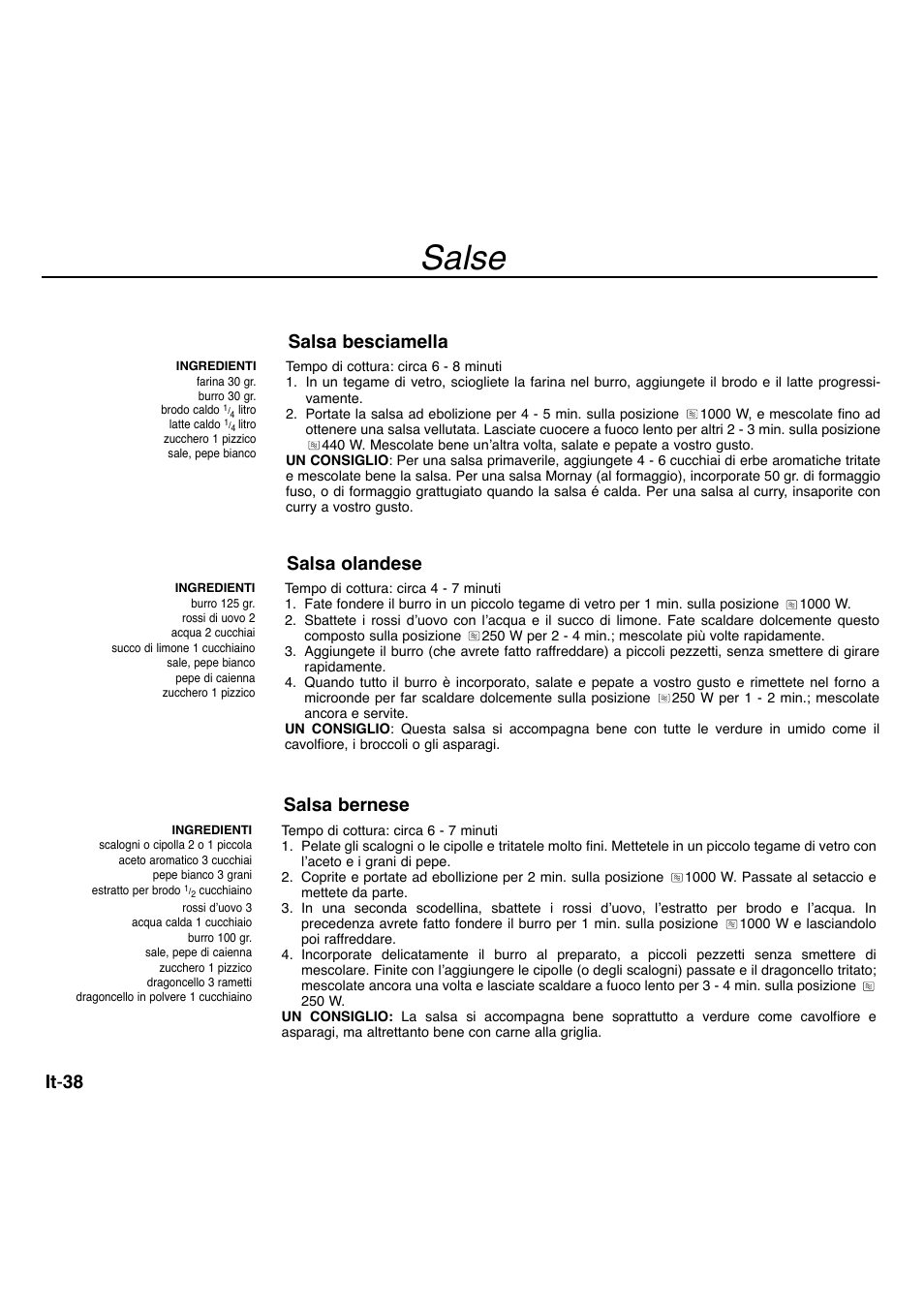 Salse, It - 38, Salsa besciamella | Salsa olandese, Salsa bernese | Panasonic NNA734MBEPG User Manual | Page 236 / 276