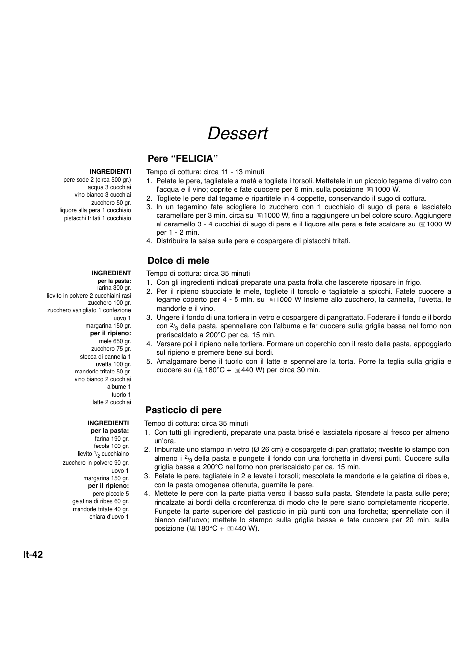 Dessert, It - 42, Pere “felicia | Dolce di mele, Pasticcio di pere | Panasonic NNA734MBEPG User Manual | Page 240 / 276