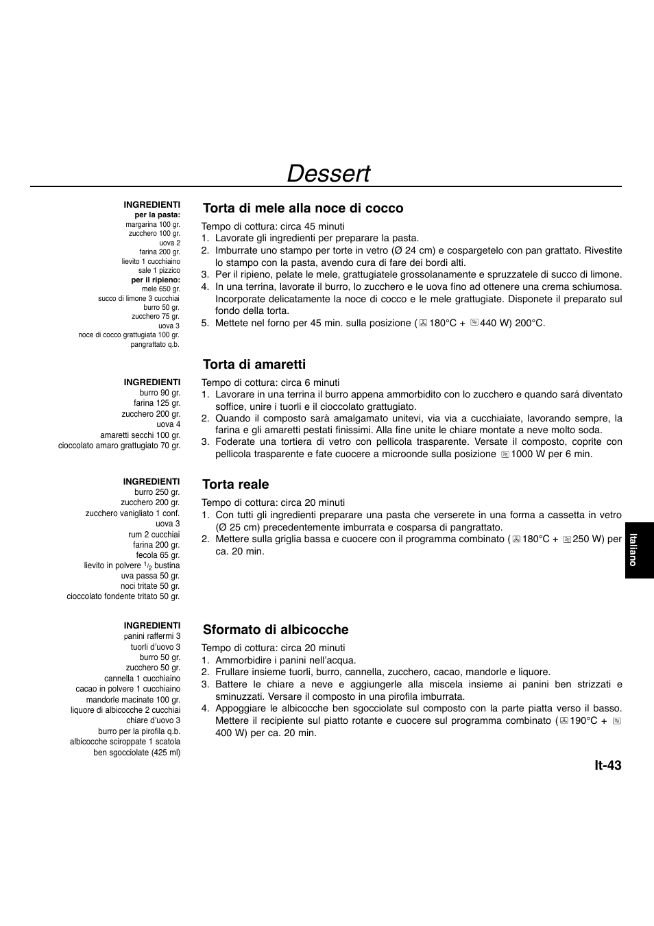 Dessert, It-43, Torta di mele alla noce di cocco | Torta di amaretti, Torta reale, Sformato di albicocche | Panasonic NNA734MBEPG User Manual | Page 241 / 276