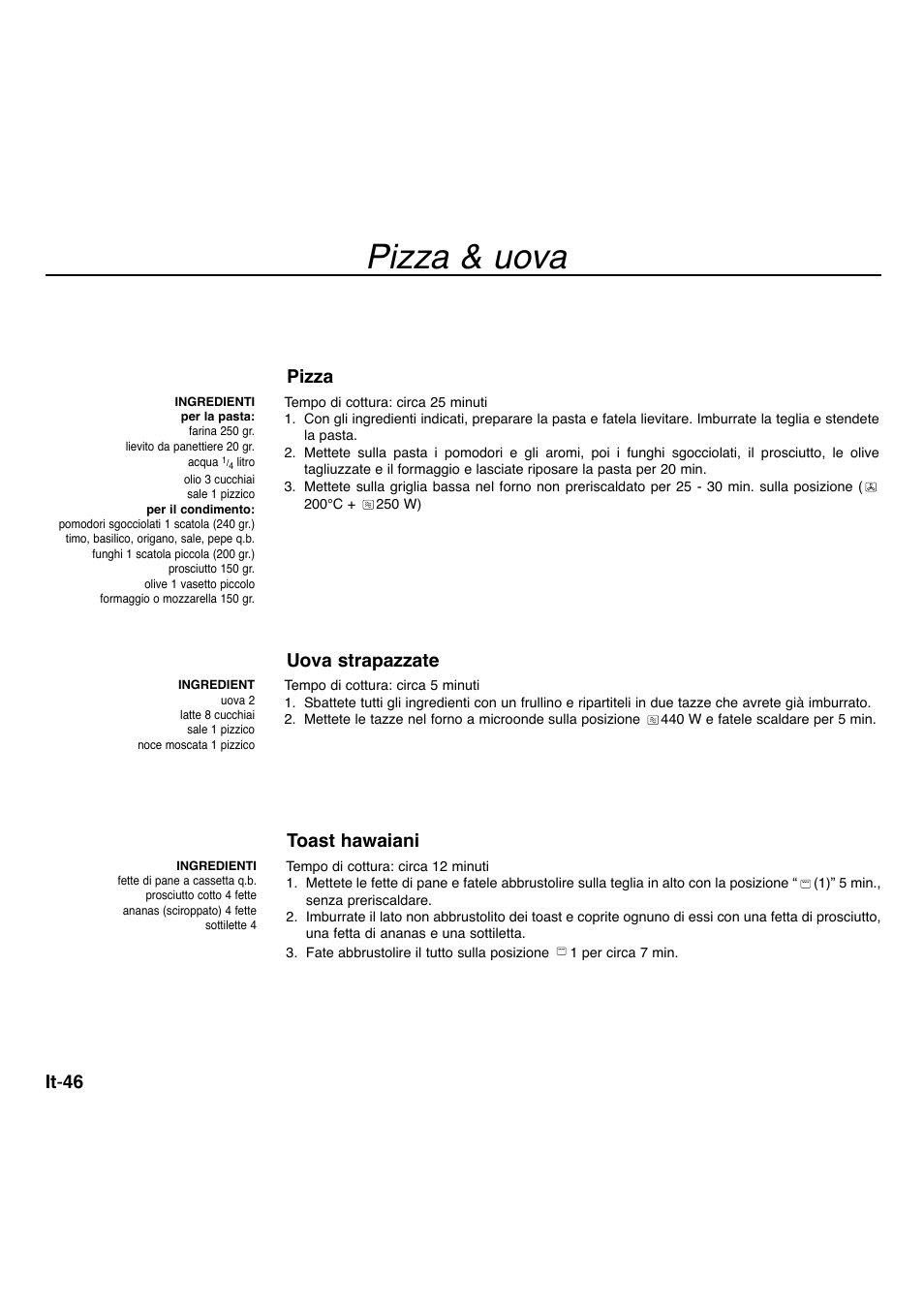 Pizza & uova, It - 46, Pizza | Uova strapazzate, Toast hawaiani | Panasonic NNA734MBEPG User Manual | Page 244 / 276