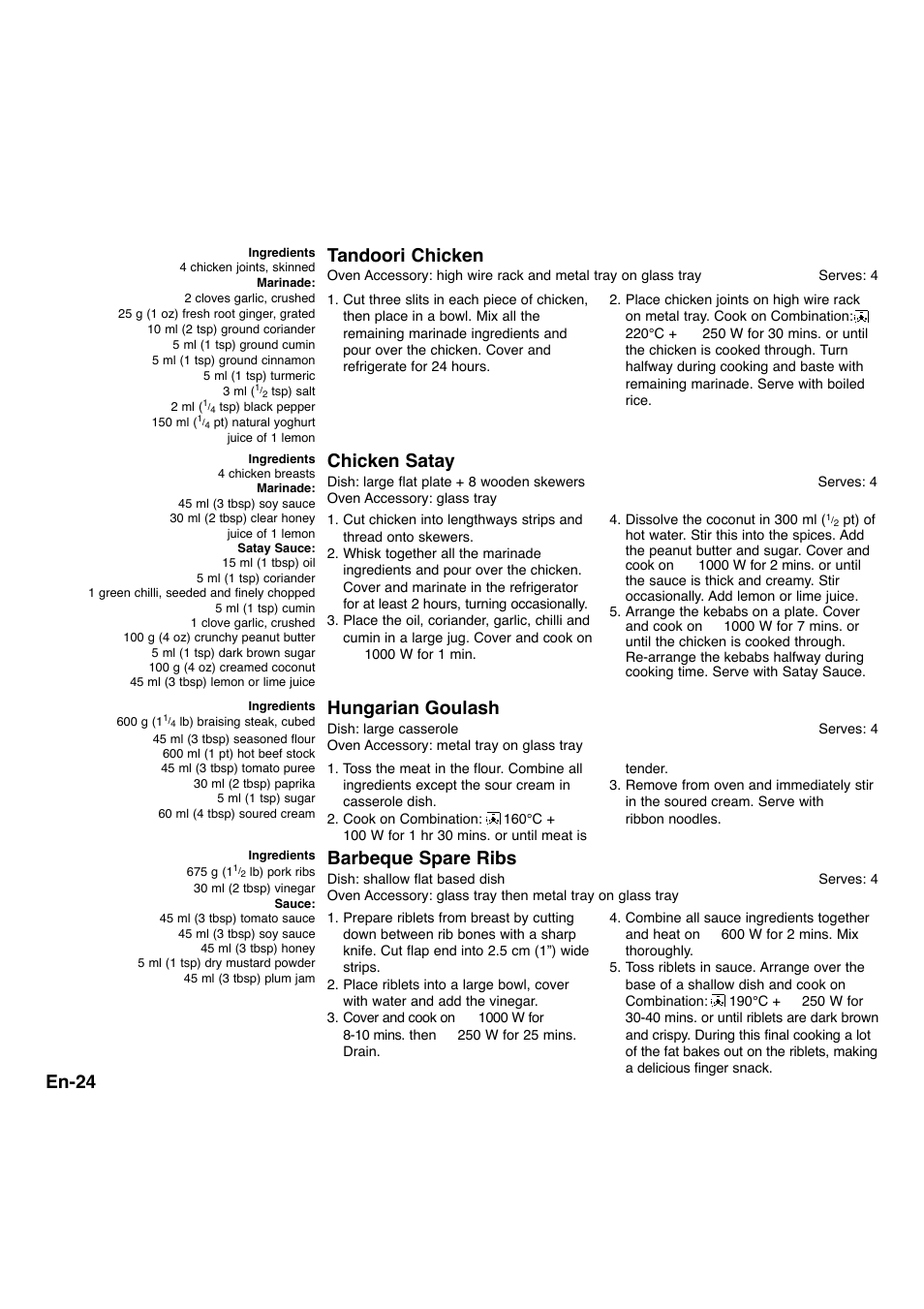 En-24, Tandoori chicken, Hungarian goulash | Barbeque spare ribs, Chicken satay | Panasonic NNA734MBEPG User Manual | Page 25 / 276