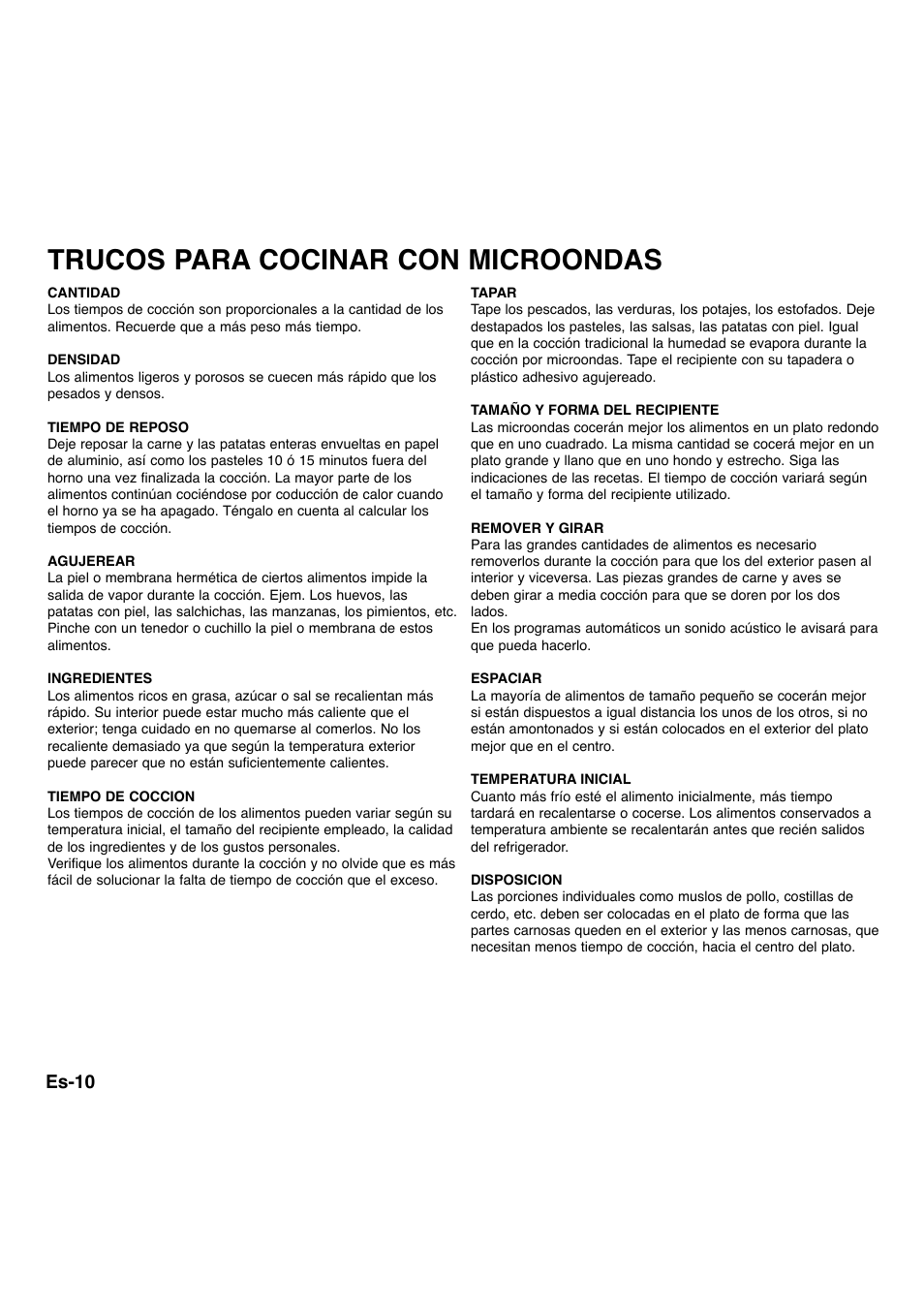 Trucos para cocinar con microondas, Es-10 | Panasonic NNA734MBEPG User Manual | Page 256 / 276