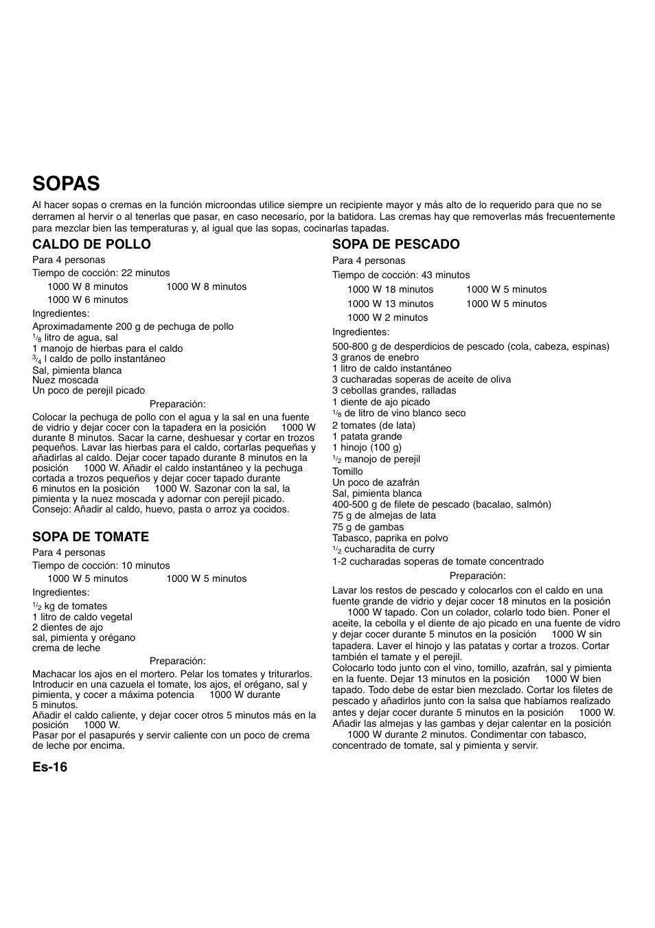 Sopas, Es-16 caldo de pollo, Sopa de tomate | Sopa de pescado | Panasonic NNA734MBEPG User Manual | Page 262 / 276