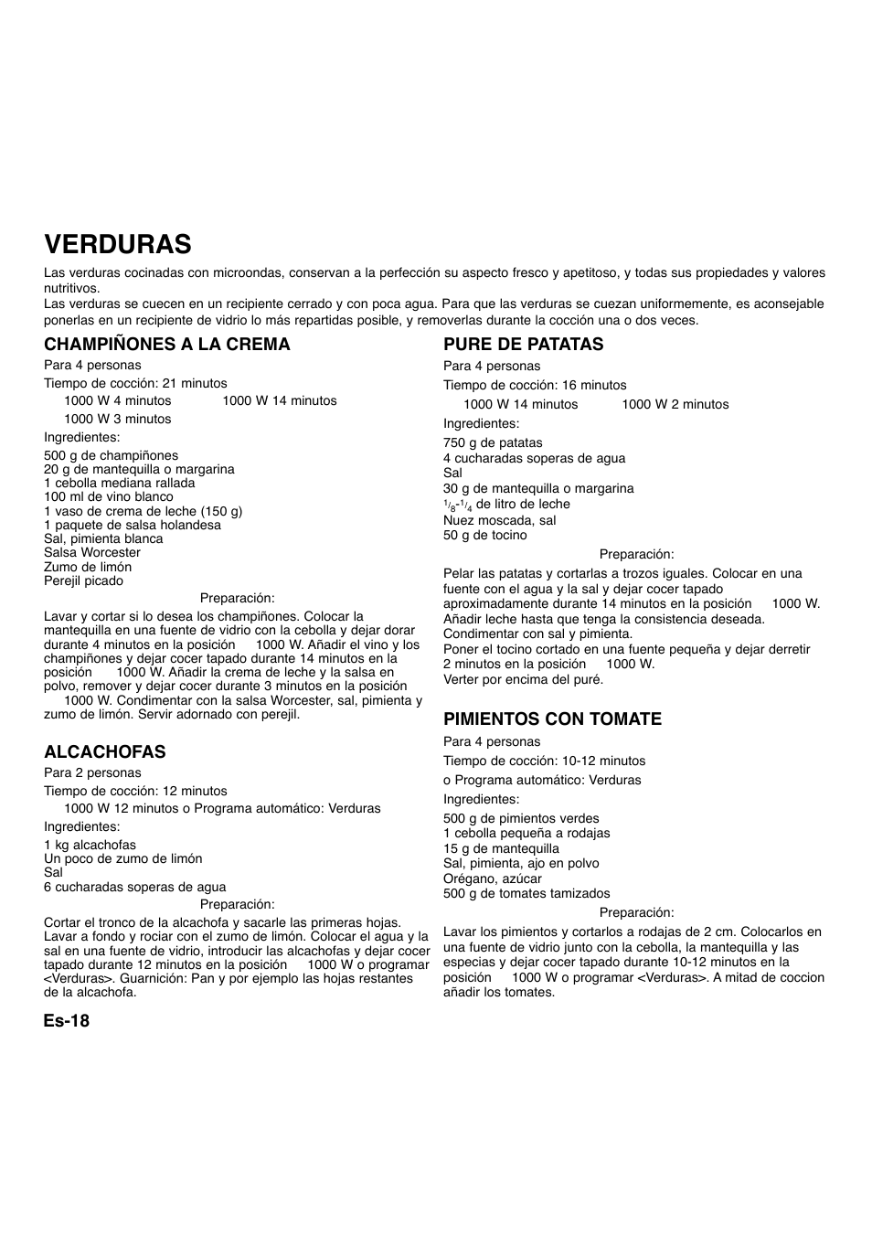 Verduras, Es-18 champiñones a la crema, Alcachofas | Pure de patatas, Pimientos con tomate | Panasonic NNA734MBEPG User Manual | Page 264 / 276