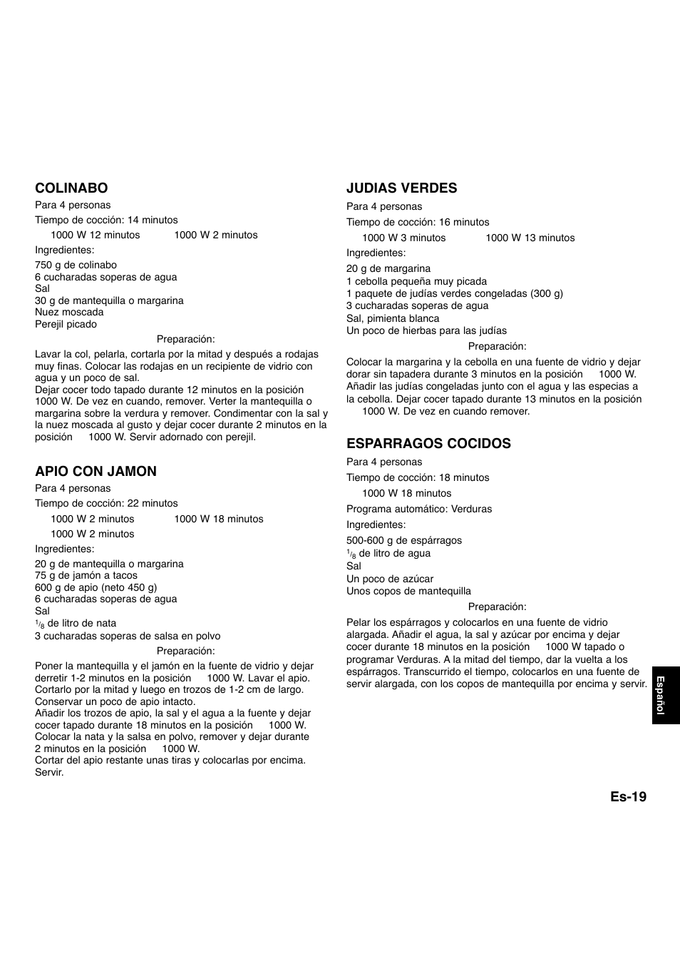 Es-19, Colinabo, Apio con jamon | Judias verdes, Esparragos cocidos | Panasonic NNA734MBEPG User Manual | Page 265 / 276
