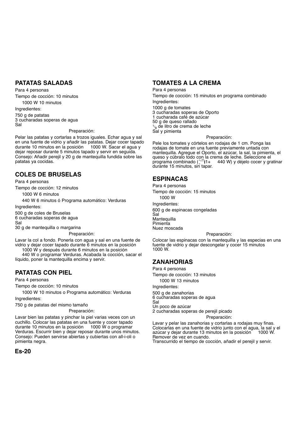 Es-20 patatas saladas, Coles de bruselas, Patatas con piel | Tomates a la crema, Espinacas, Zanahorias | Panasonic NNA734MBEPG User Manual | Page 266 / 276