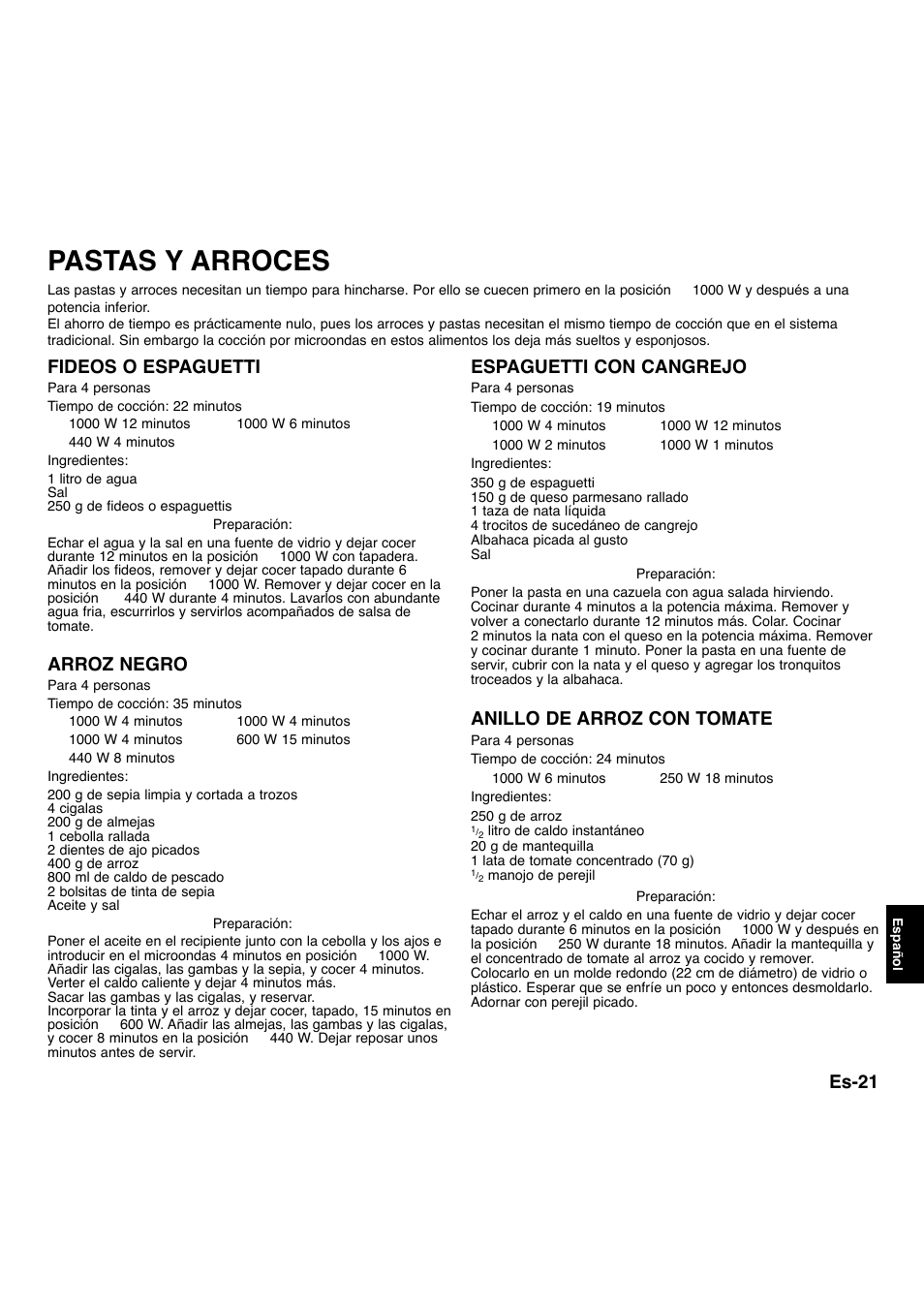 Pastas y arroces, Es-21, Fideos o espaguetti | Arroz negro, Espaguetti con cangrejo, Anillo de arroz con tomate | Panasonic NNA734MBEPG User Manual | Page 267 / 276