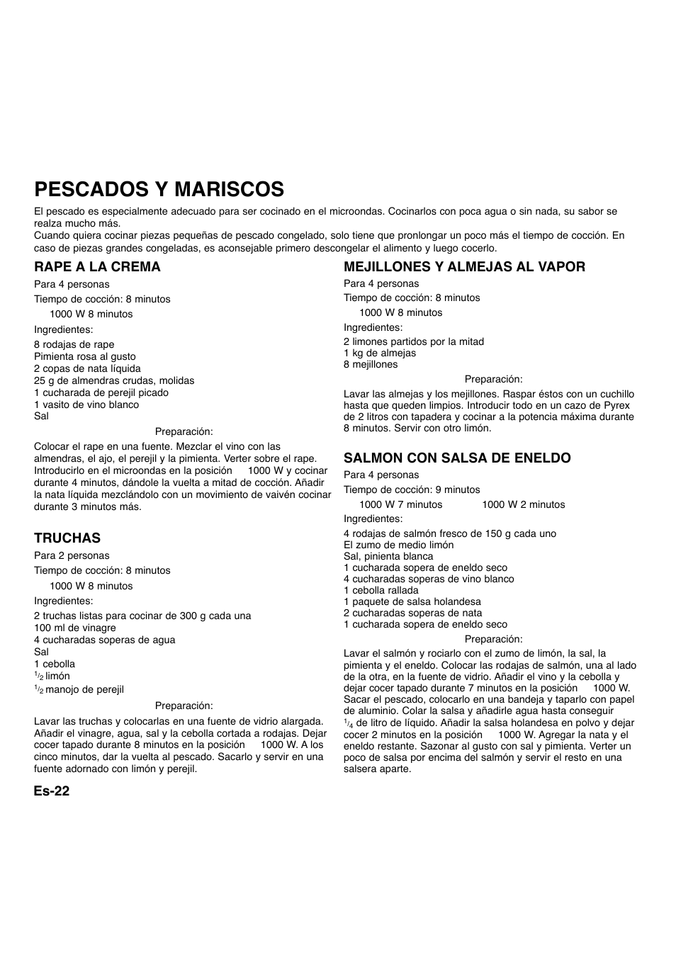 Pescados y mariscos, Es-22 rape a la crema, Truchas | Mejillones y almejas al vapor, Salmon con salsa de eneldo | Panasonic NNA734MBEPG User Manual | Page 268 / 276