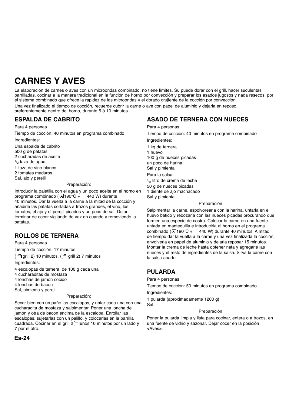 Carnes y aves, Es-24 espalda de cabrito, Rollos de ternera | Asado de ternera con nueces, Pularda | Panasonic NNA734MBEPG User Manual | Page 270 / 276