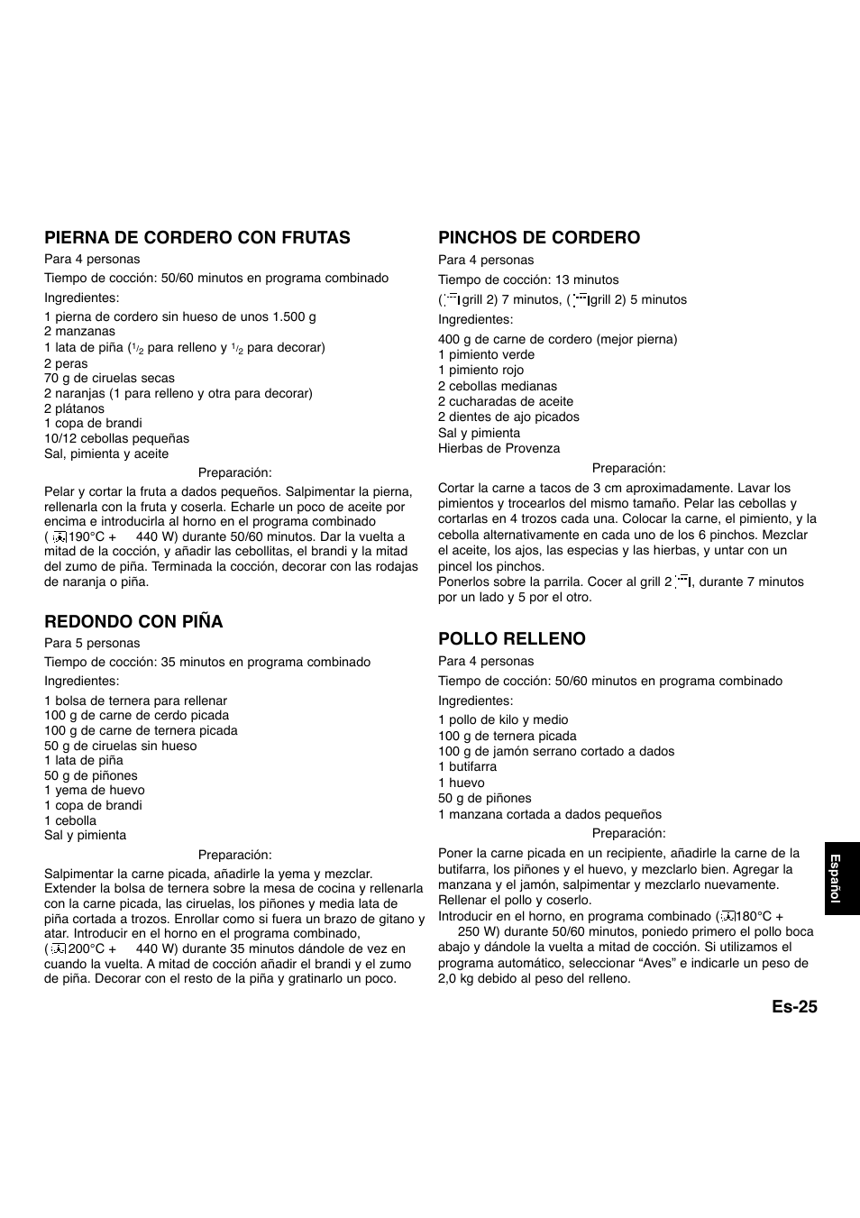 Es-25, Pierna de cordero con frutas, Redondo con piña | Pinchos de cordero, Pollo relleno | Panasonic NNA734MBEPG User Manual | Page 271 / 276