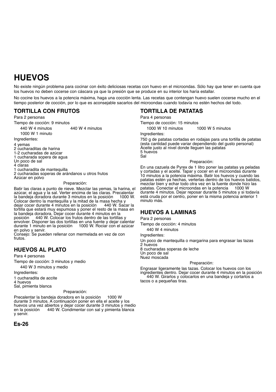 Huevos, Es-26 tortilla con frutos, Huevos al plato | Tortilla de patatas, Huevos a laminas | Panasonic NNA734MBEPG User Manual | Page 272 / 276