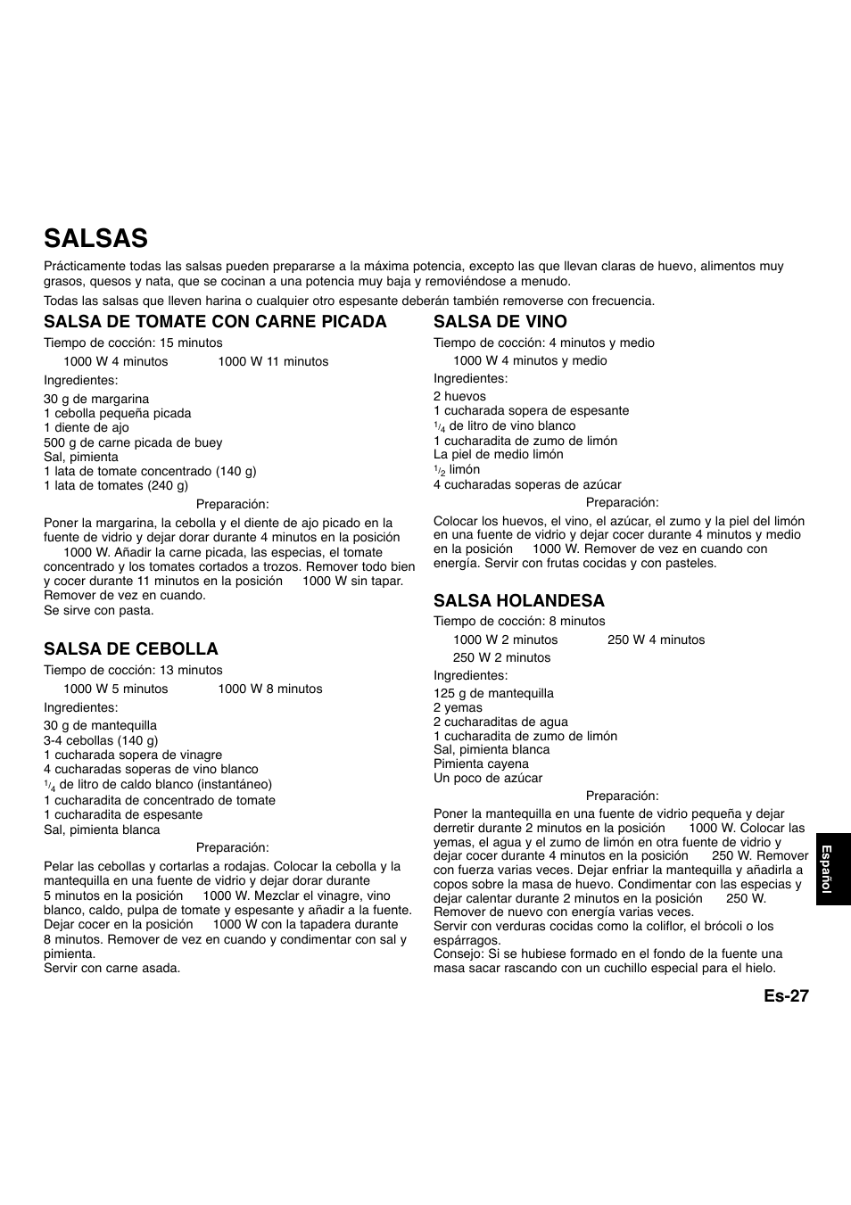 Salsas, Es-27, Salsa de tomate con carne picada | Salsa de cebolla, Salsa de vino, Salsa holandesa | Panasonic NNA734MBEPG User Manual | Page 273 / 276