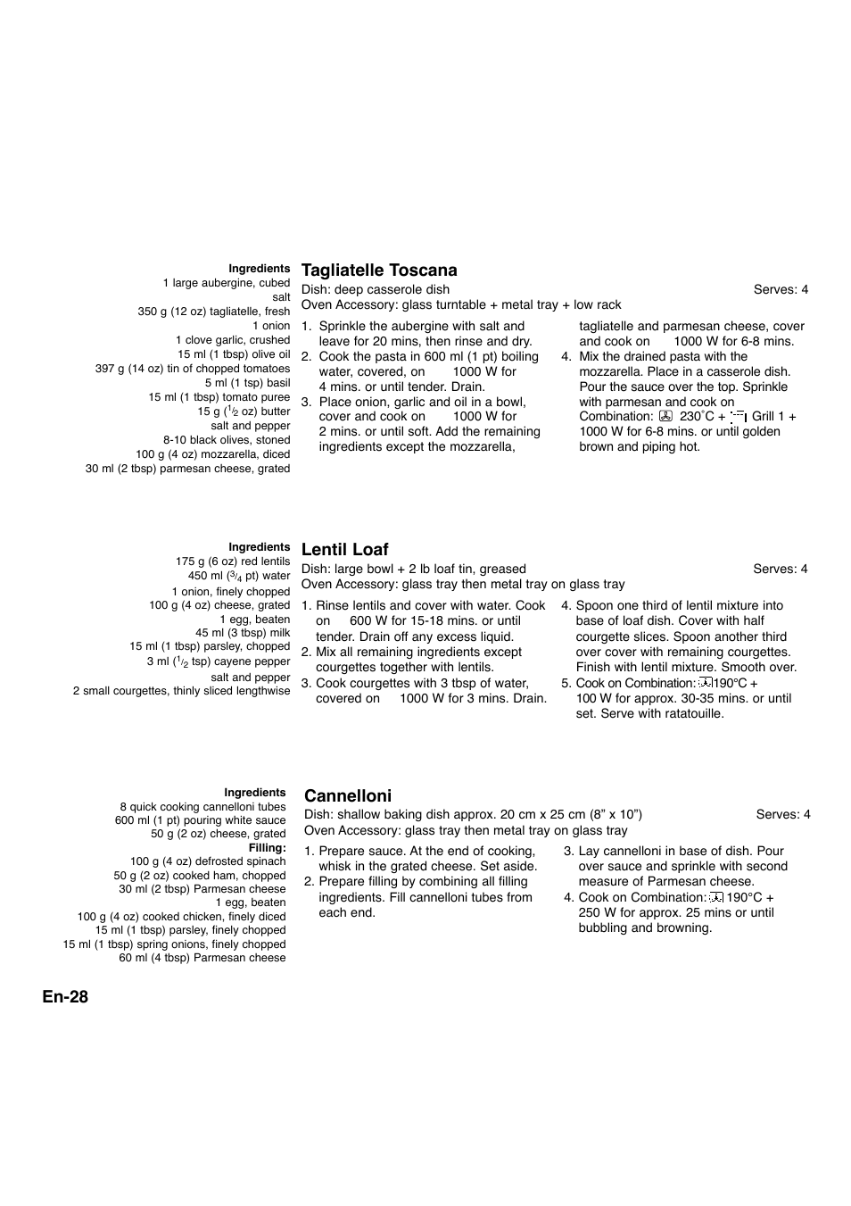 En-28, Tagliatelle toscana, Lentil loaf | Cannelloni | Panasonic NNA734MBEPG User Manual | Page 29 / 276